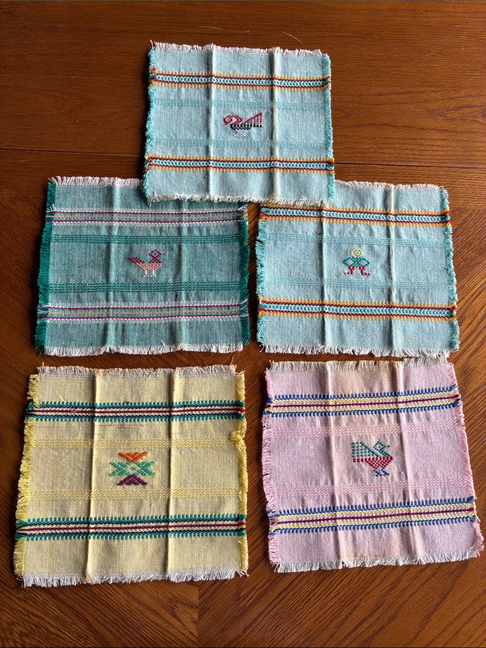 Set of 5 Handwoven Pastel Coasters with Embroidered Motifs